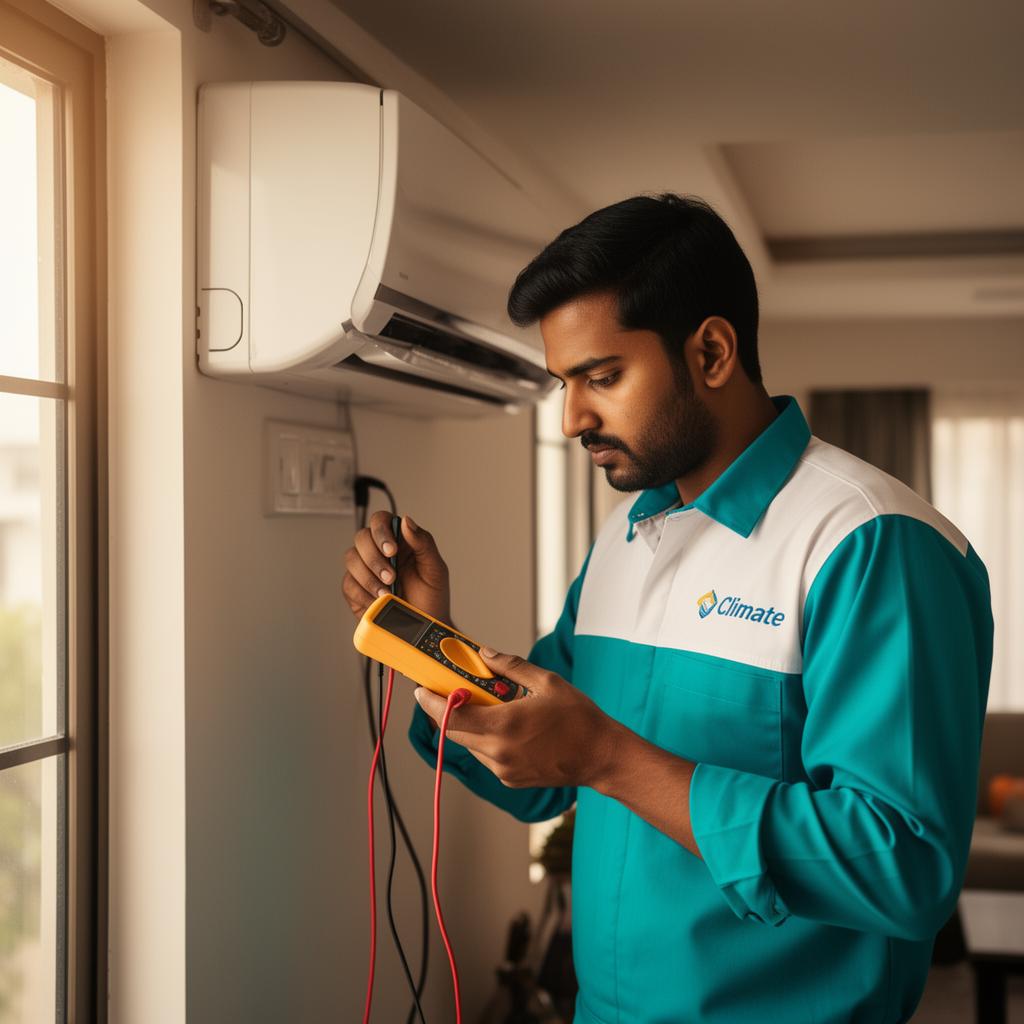 Climate AC technician servicing a split AC in a Vadodara home